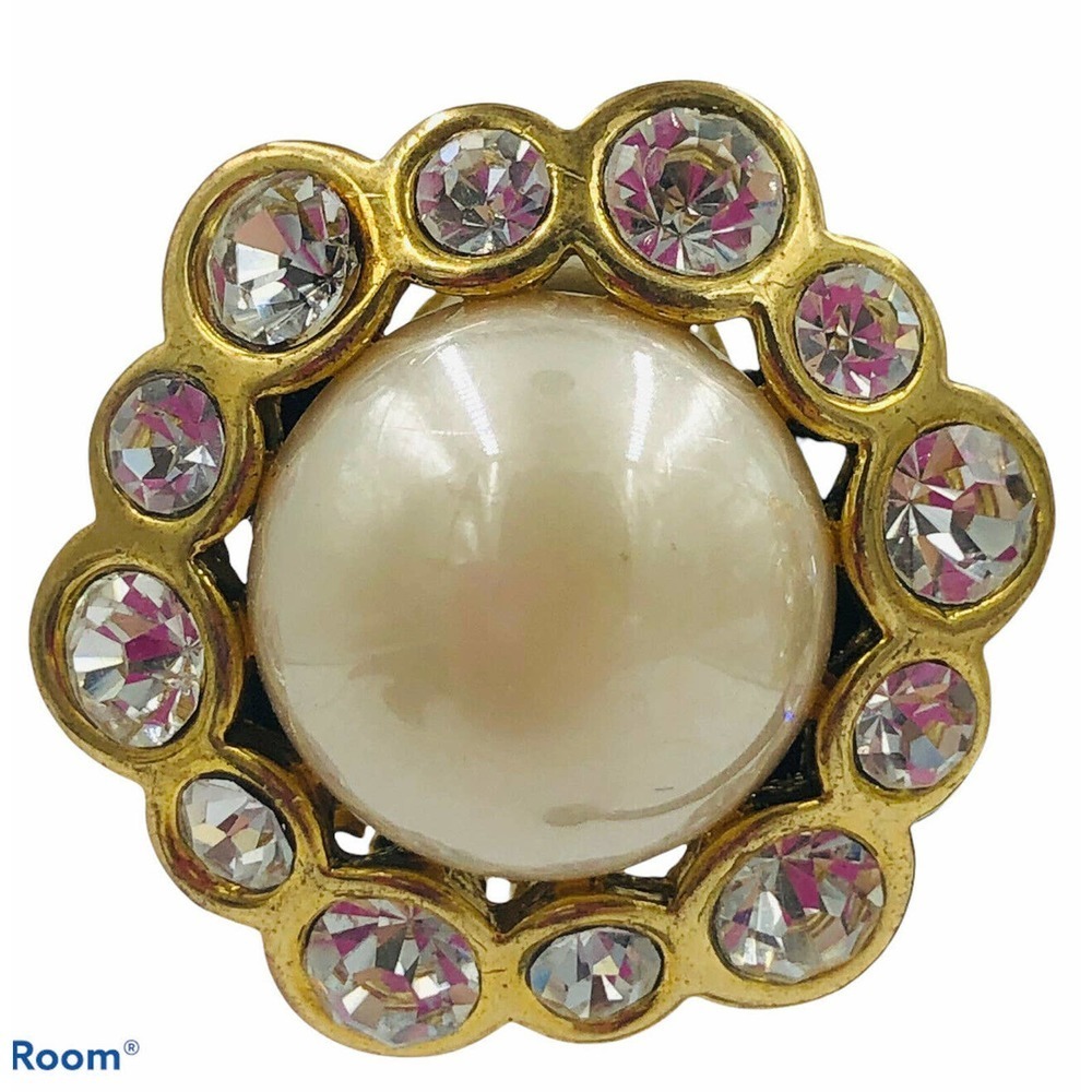 Gold Tone Crystal Cabochon Pearl Clip Earrings - Picture 6 of 10